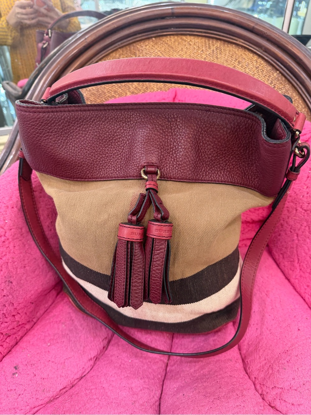 Burberry Burgundy Leather Trim Canvas Tassel Satchel